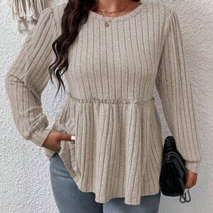 SHEIN Franclia Plus Rib-Knit Peplum Shirt, Gray, Size 3XL, EUC